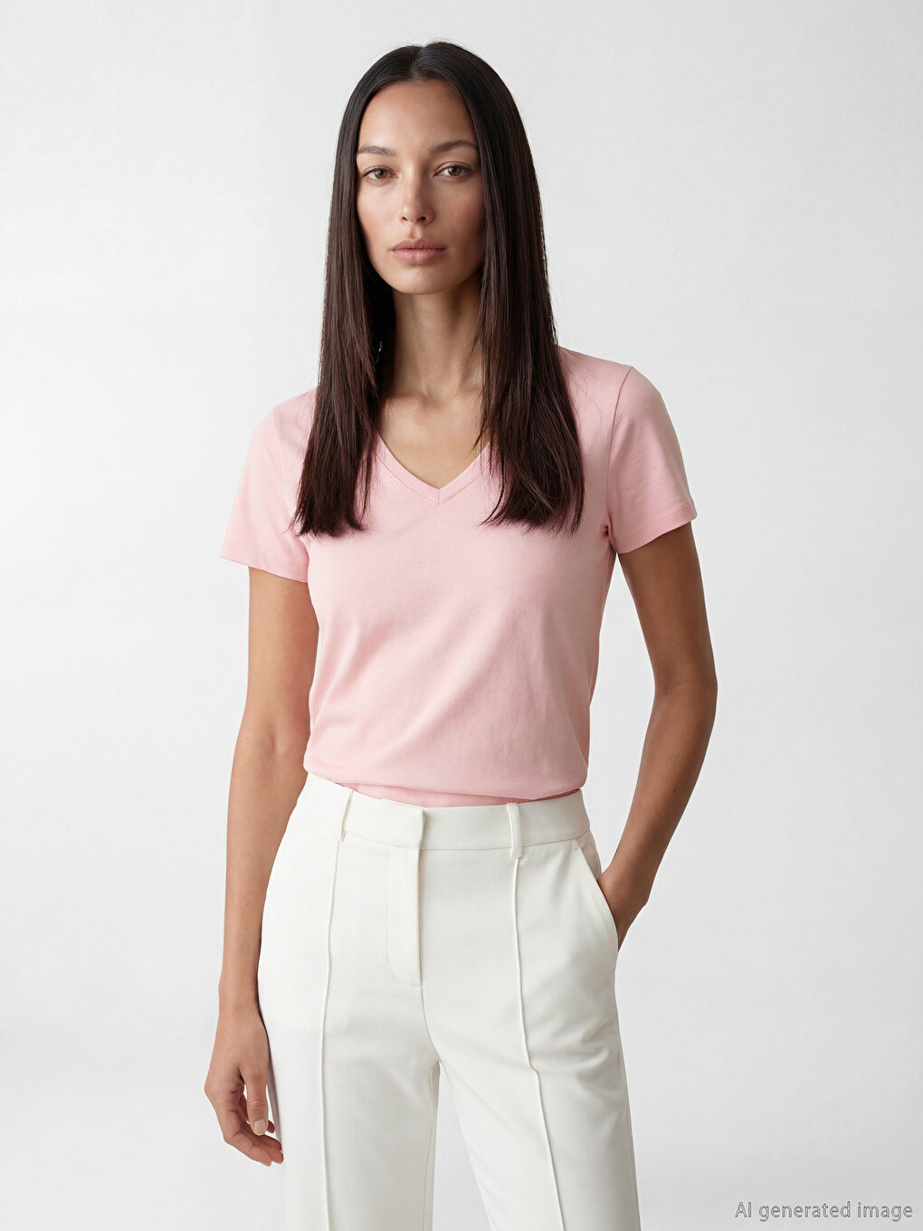 Pembe V Yaka Kadın Tişört-1