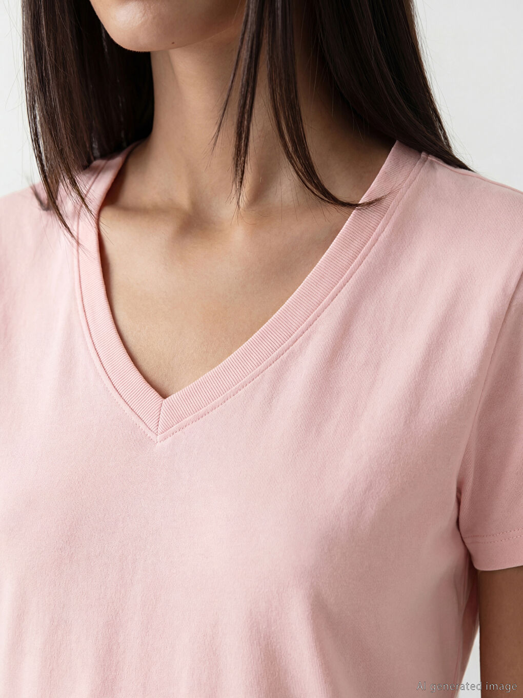 Pembe V Yaka Kadın Tişört-2