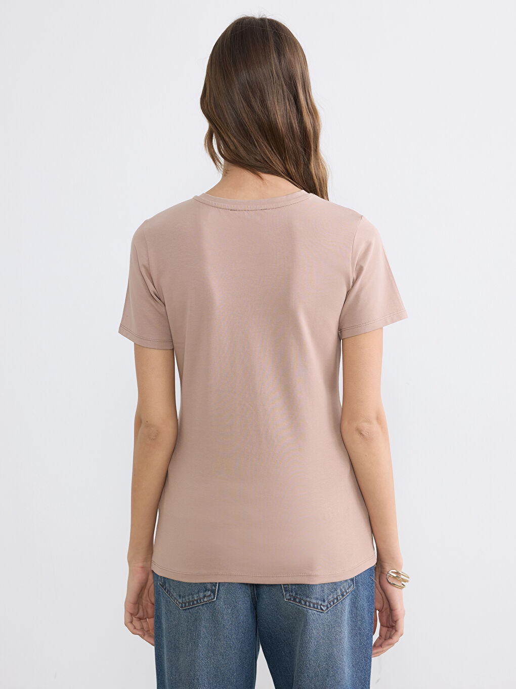 Kahverengi Bisiklet Yaka Kadın Tişört-3