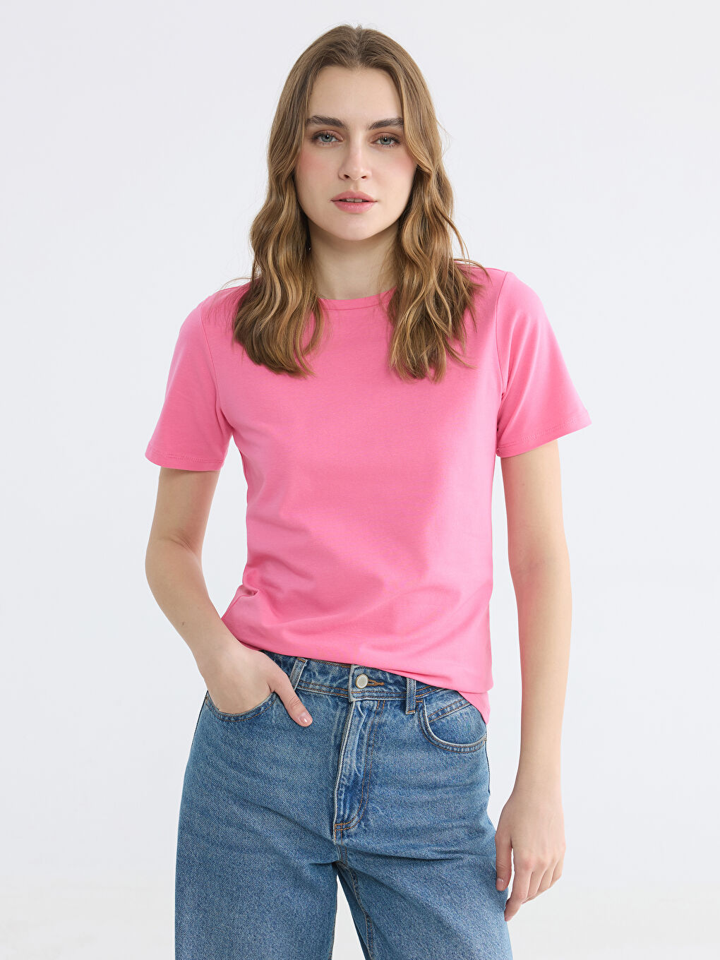 Pembe Bisiklet Yaka Kadın Tişört-2