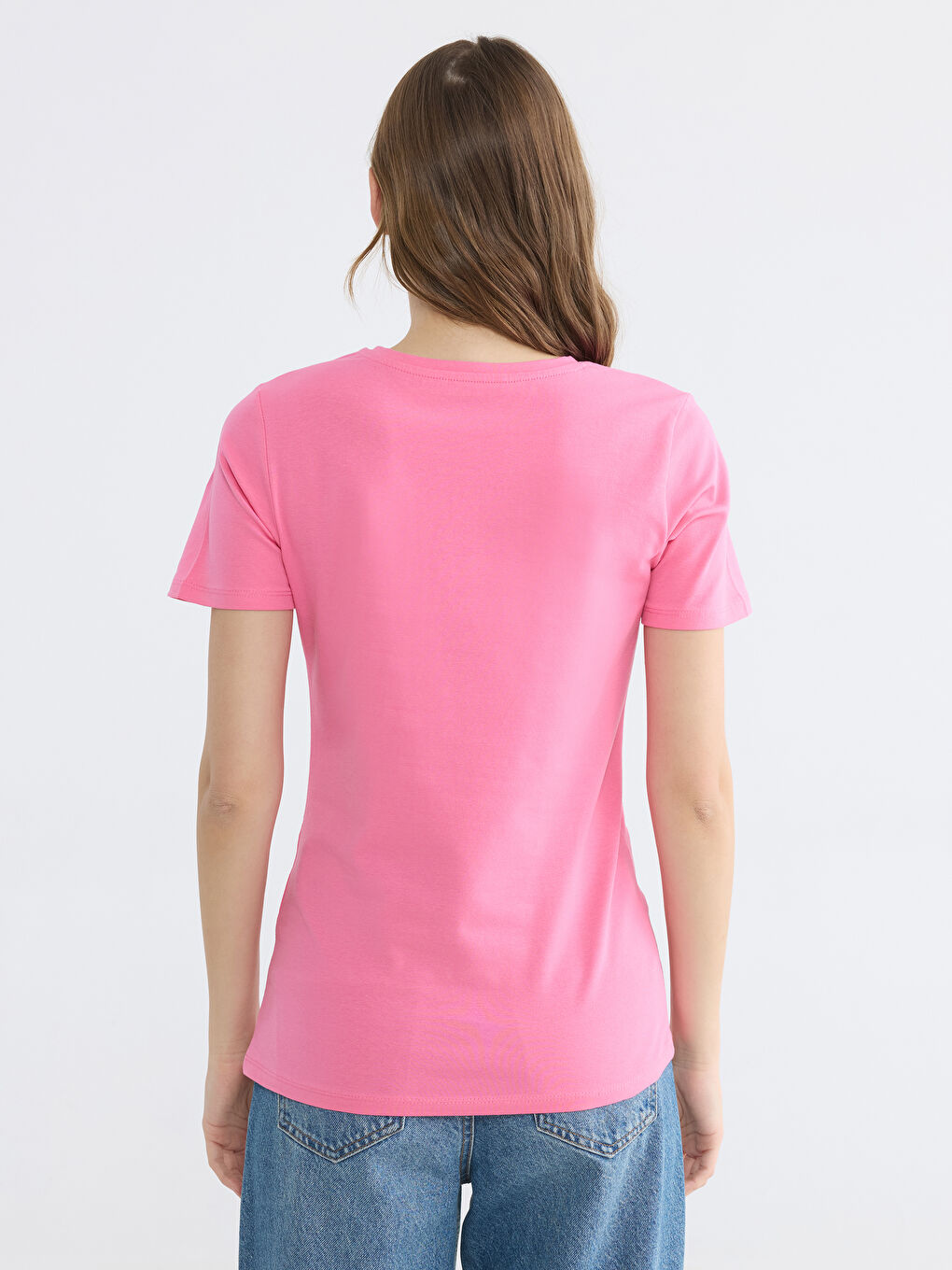 Pembe Bisiklet Yaka Kadın Tişört-5