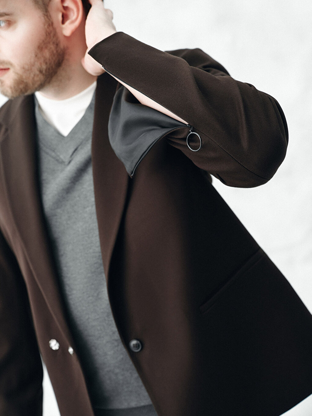 Kahverengi Kolay Giyilebilir Kolları ve Yanları Fermuar Kapamalı Erkek Blazer Ceket-4