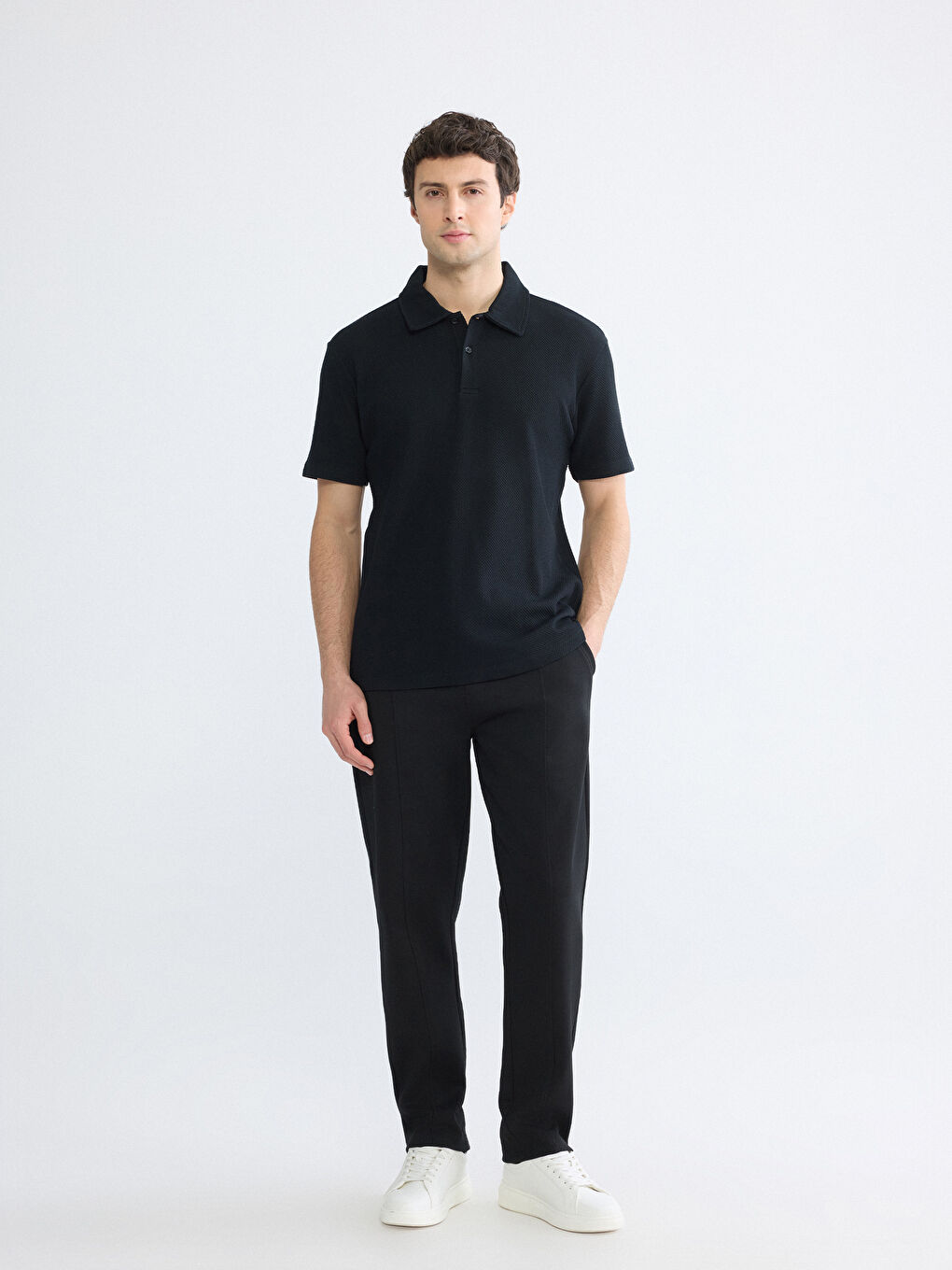Siyah Polo Yaka Penye Erkek Tişört-1