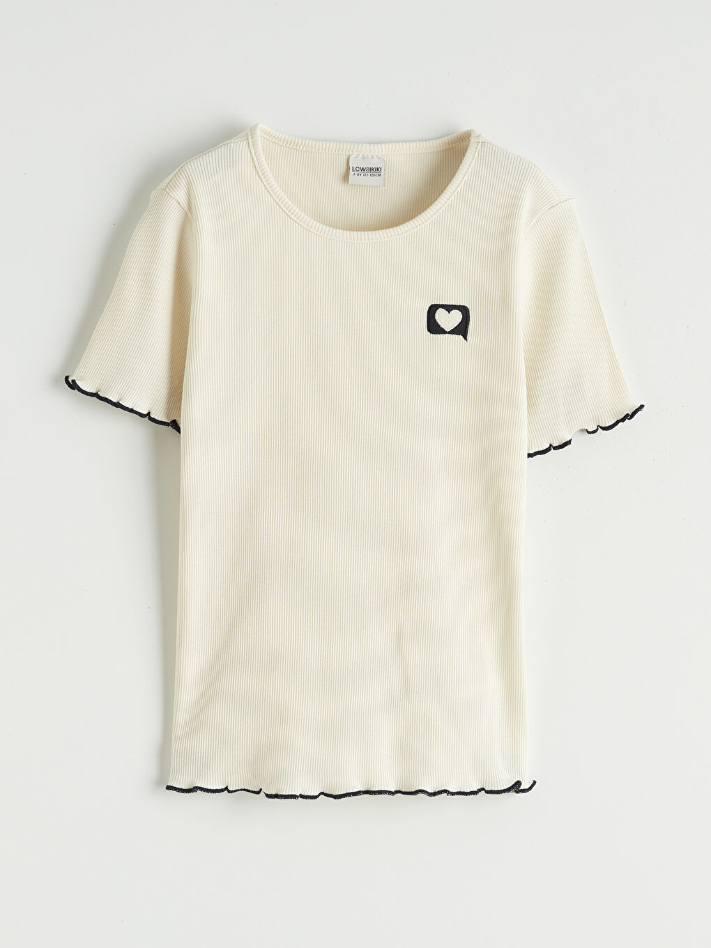 Ekru Bisiklet Yaka Nakışlı Kız Çocuk Tişört