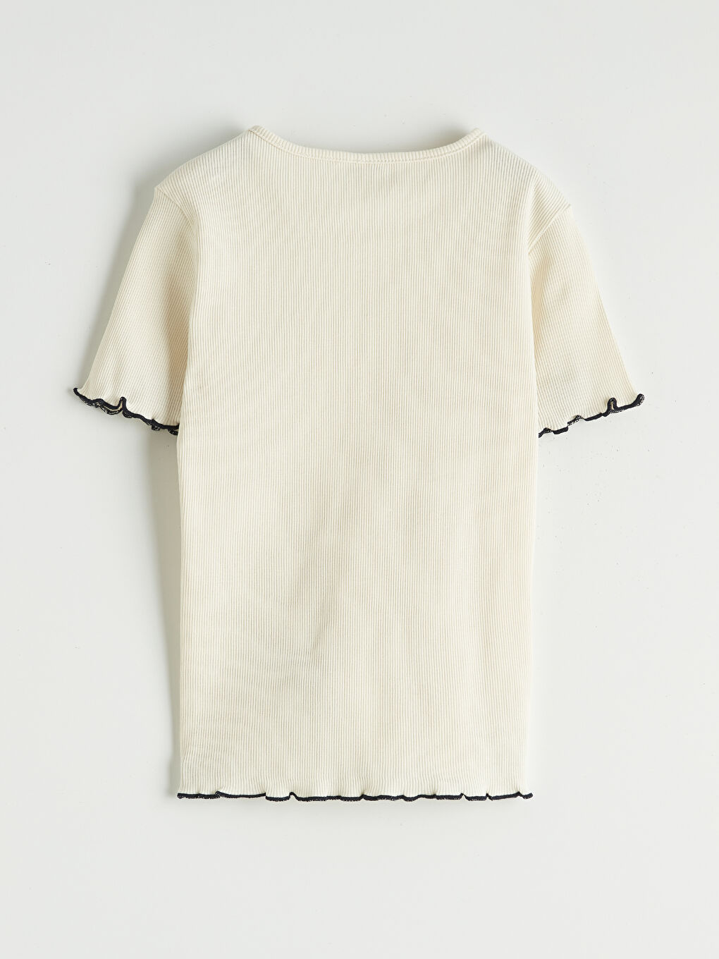 Ekru Bisiklet Yaka Nakışlı Kız Çocuk Tişört-1