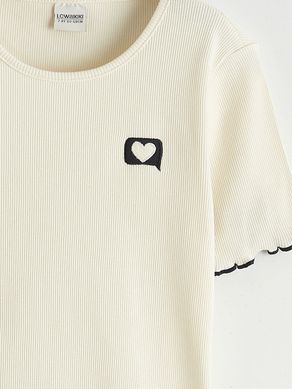 Ekru Bisiklet Yaka Nakışlı Kız Çocuk Tişört-2