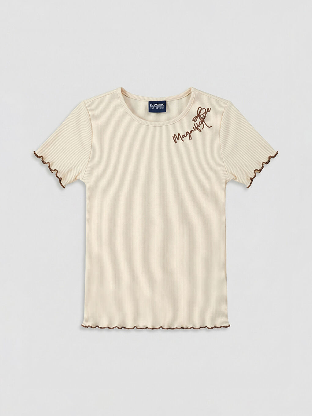Ekru Bisiklet Yaka Nakışlı Kız Çocuk Tişört