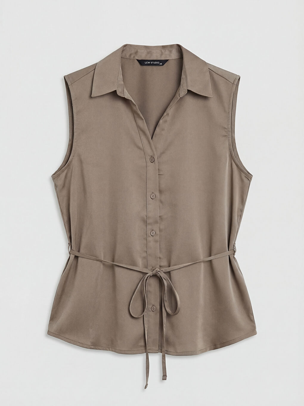 Collared Neck Sash Detailed Satin Women's Blouse-4