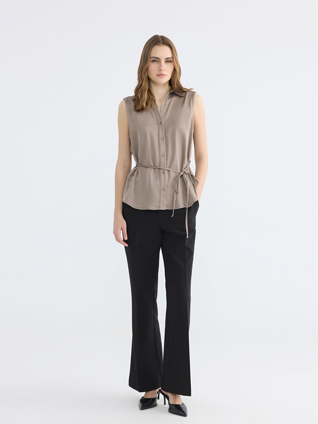 Collared Neck Sash Detailed Satin Women's Blouse-1