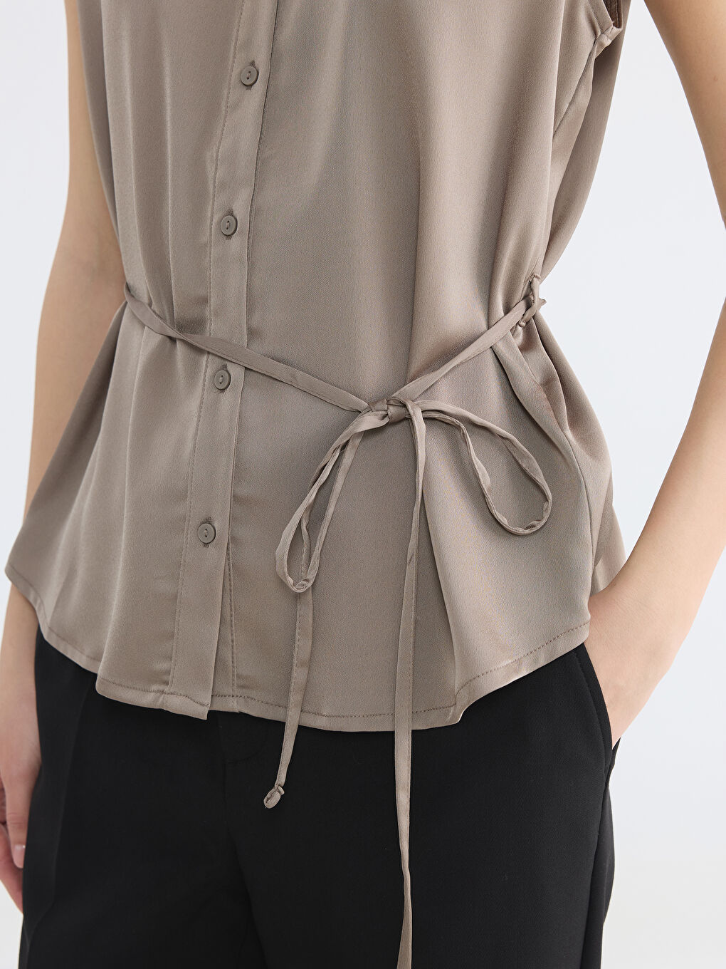 Collared Neck Sash Detailed Satin Women's Blouse-2