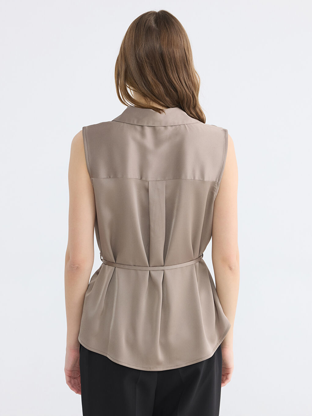 Collared Neck Sash Detailed Satin Women's Blouse-3