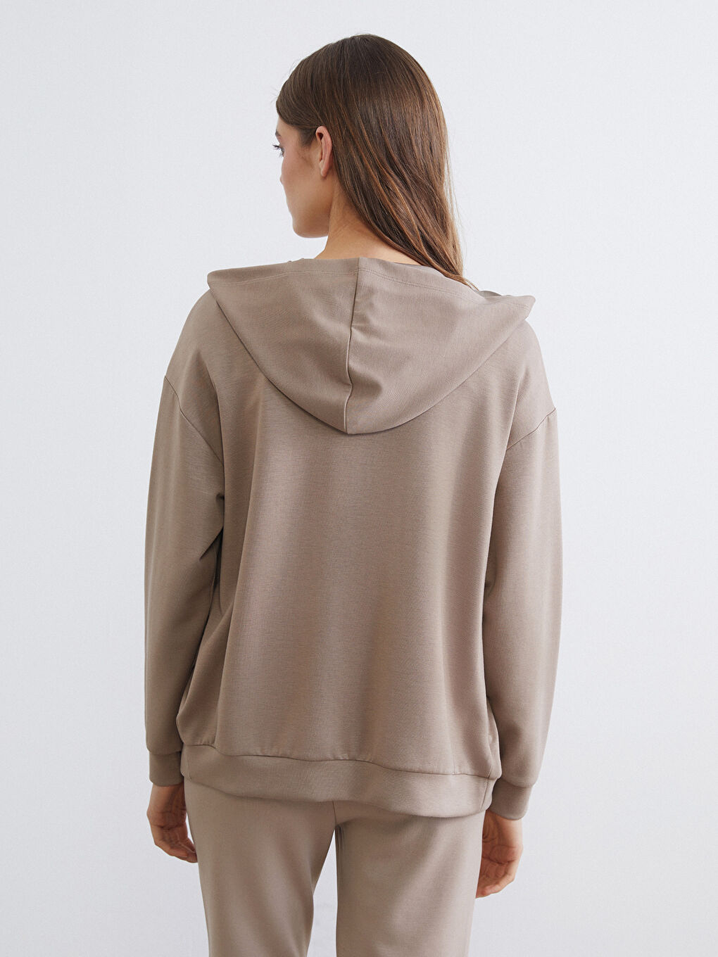 Kahverengi Kapüşonlu Soft Touch Kadın Fermuarlı Sweatshirt-4