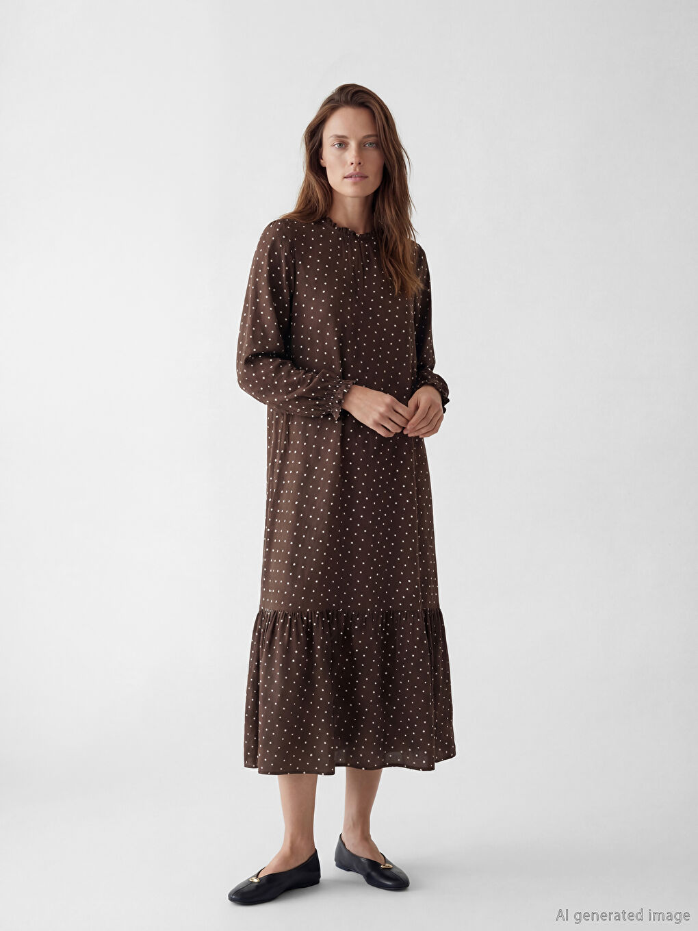 Kahverengi Hakim Yaka Puantiyeli A Kesim Elbise-1