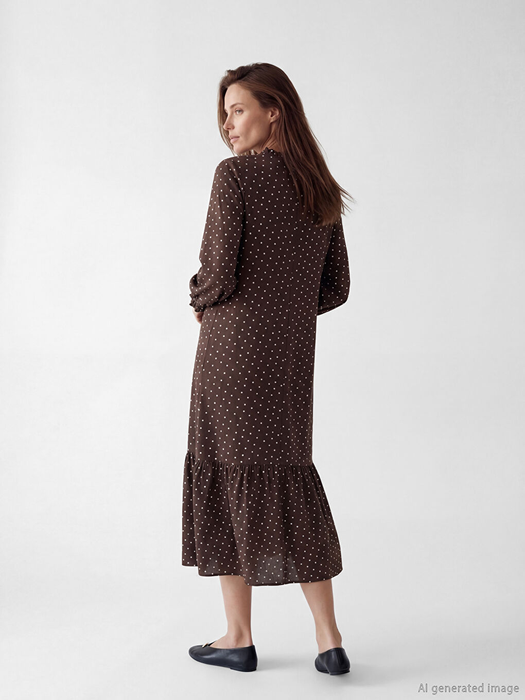 Kahverengi Hakim Yaka Puantiyeli A Kesim Elbise-2