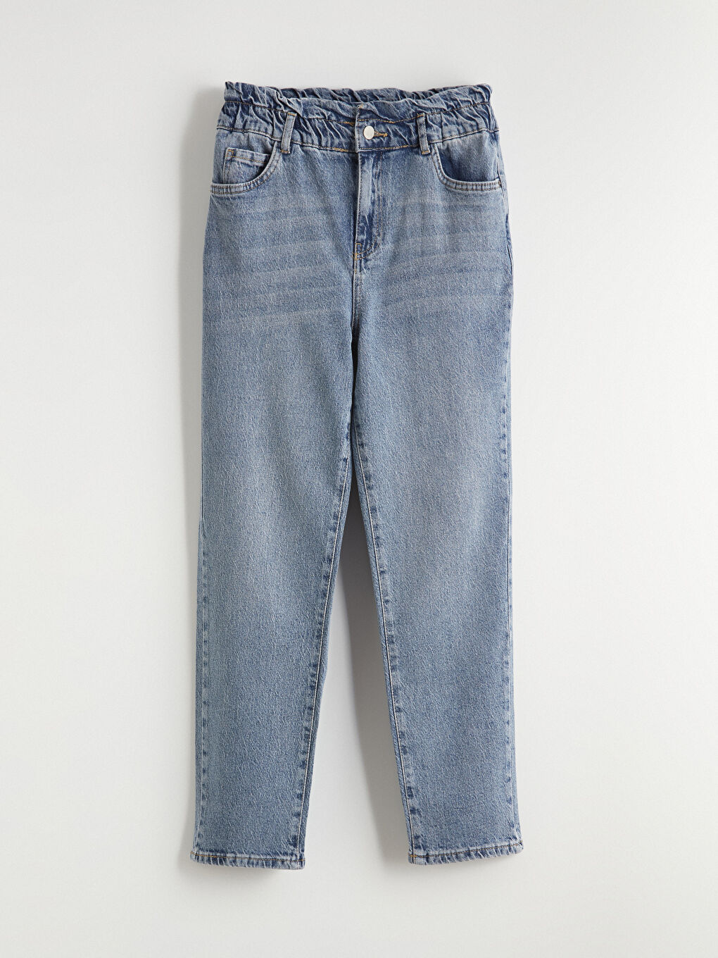 İndigo Beli Lastikli Mom Fit Kadın Jean Pantolon-4