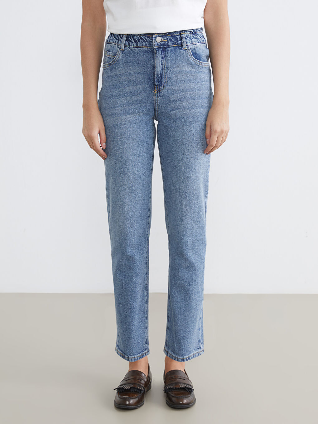 İndigo Beli Lastikli Mom Fit Kadın Jean Pantolon-1