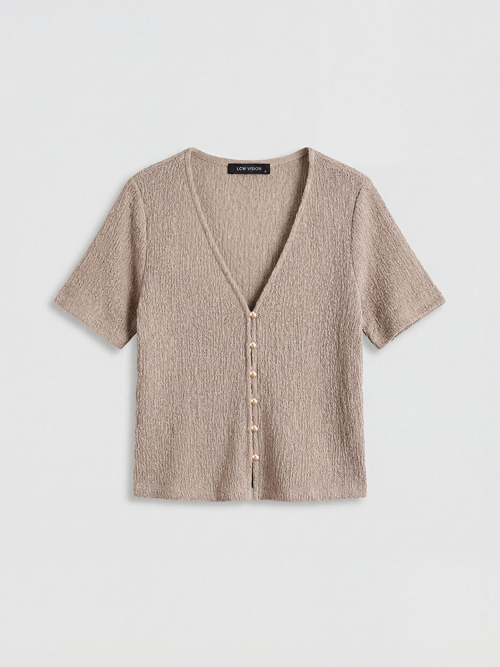 Kahverengi V Yaka Dokulu Bluz-4