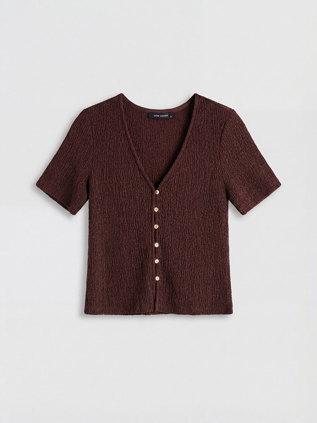 Kahverengi V Yaka Dokulu Bluz-4