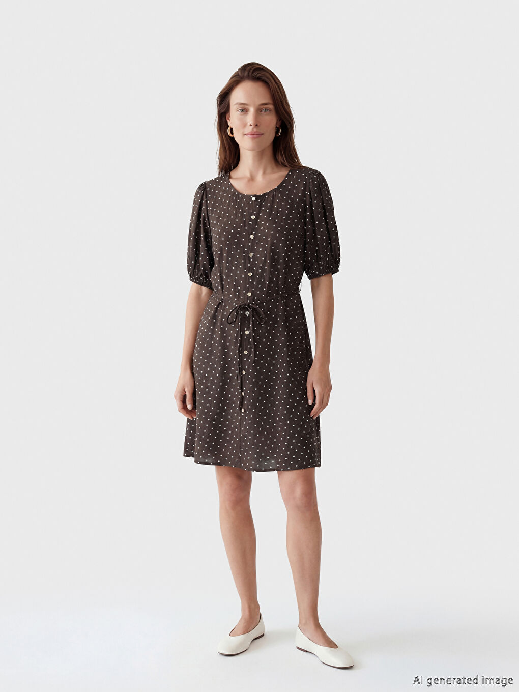 Kahverengi Bisiklet Yaka Puantiyeli A Kesim Mini Elbise