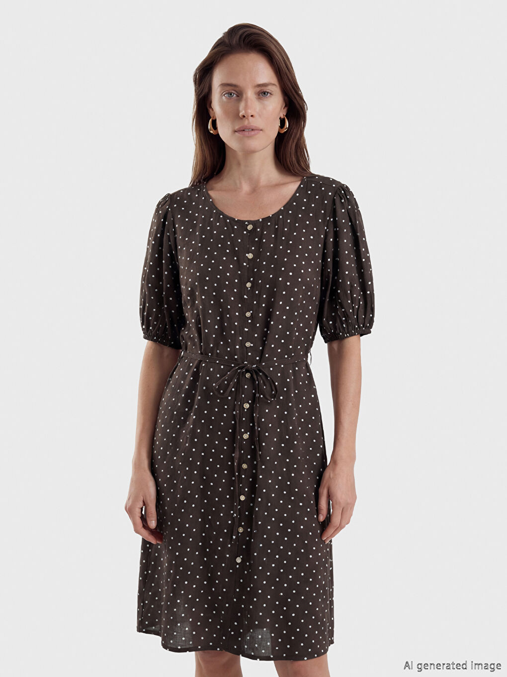 Kahverengi Bisiklet Yaka Puantiyeli A Kesim Mini Elbise-2