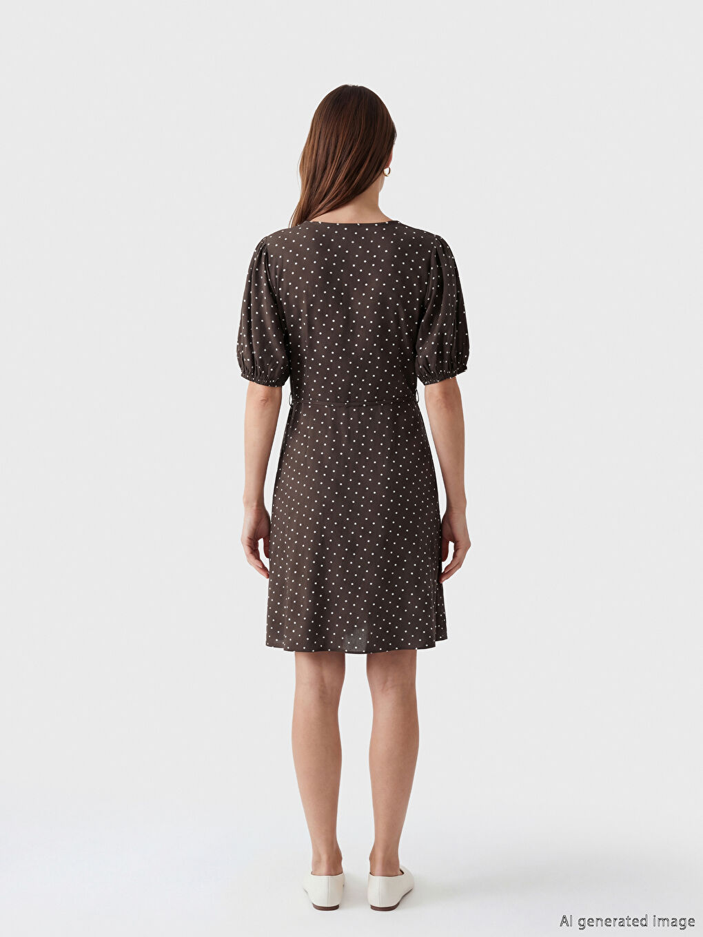 Kahverengi Bisiklet Yaka Puantiyeli A Kesim Mini Elbise-3