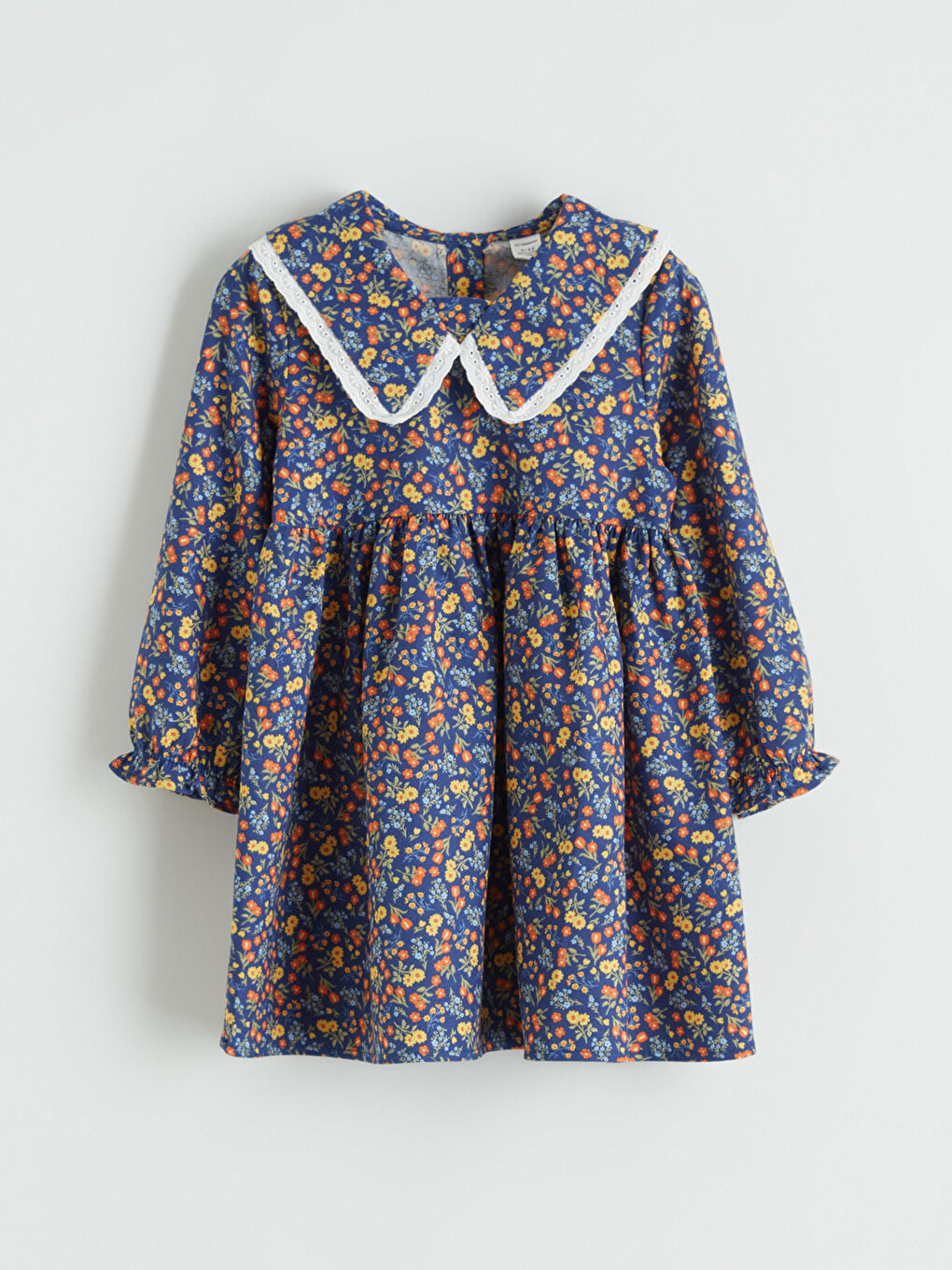 Lacivert Bebe Yaka Çiçek Desenli Kız Çocuk Elbise