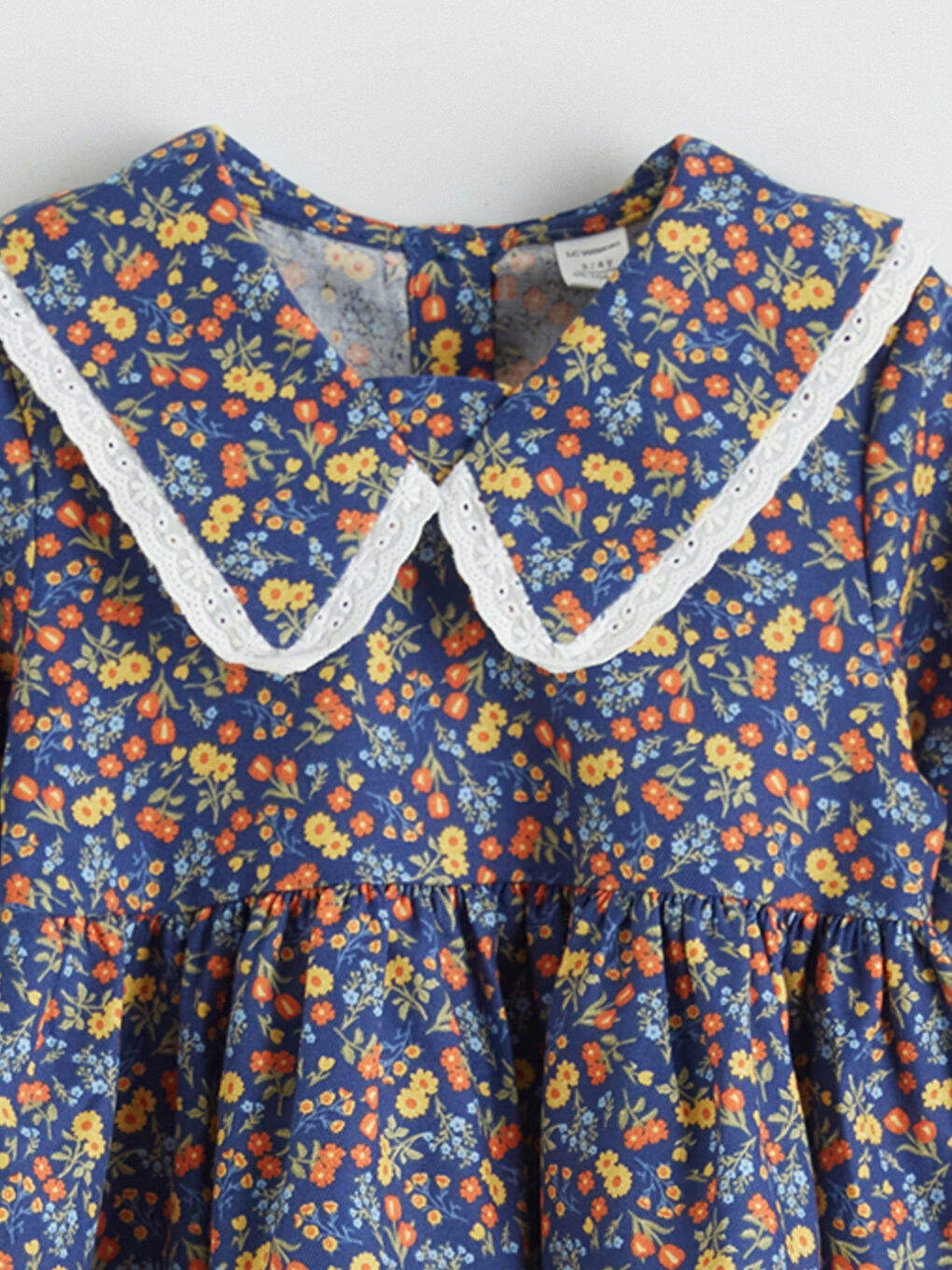 Lacivert Bebe Yaka Çiçek Desenli Kız Çocuk Elbise-1