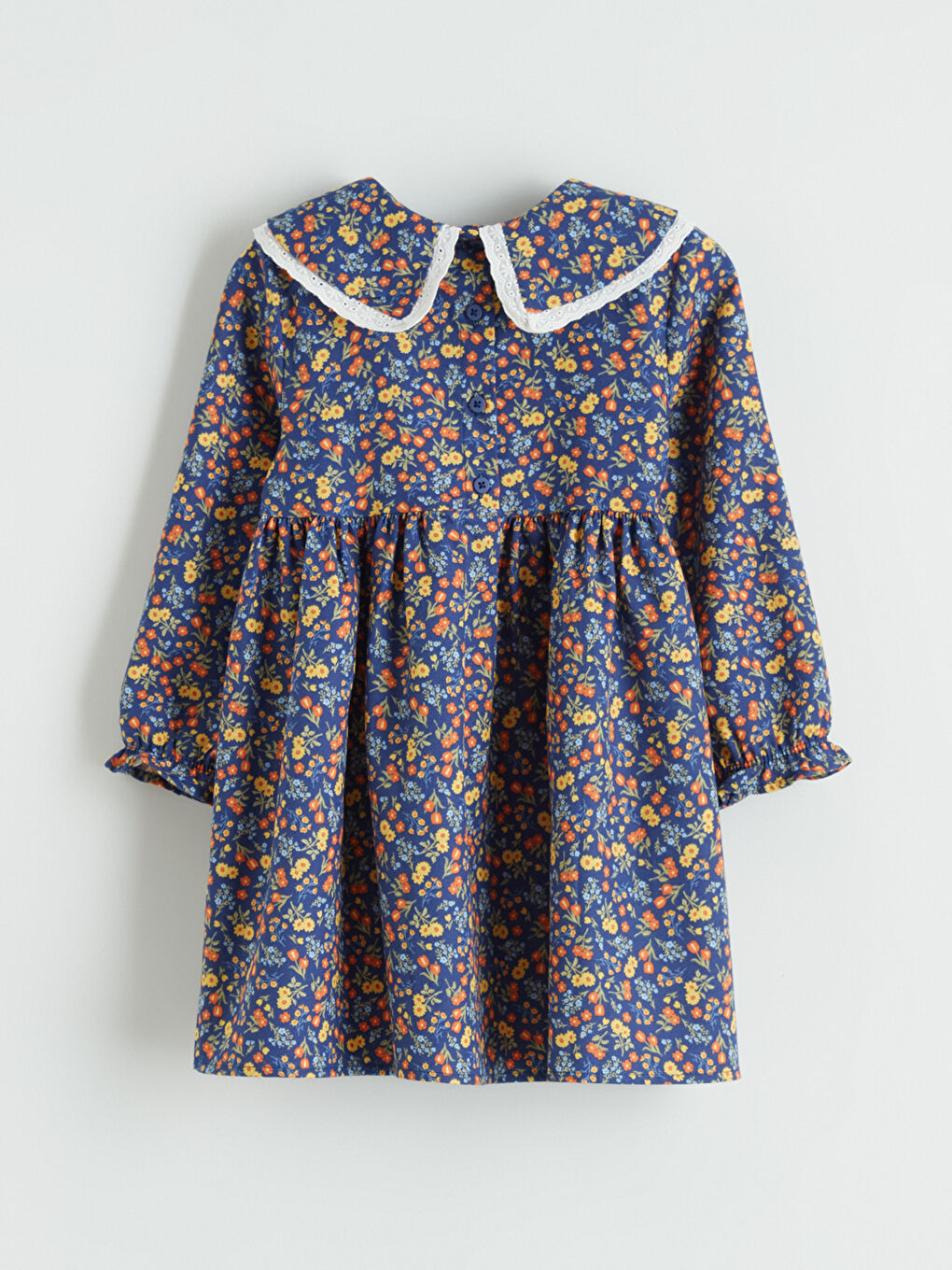 Lacivert Bebe Yaka Çiçek Desenli Kız Çocuk Elbise-2