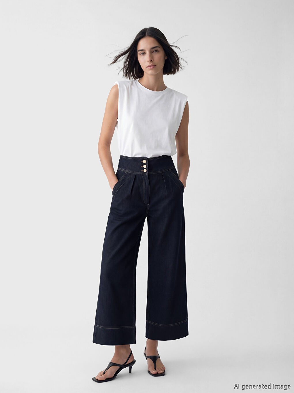 Lacivert Yüksek Bel Crop Wideleg Kadın Jean Pantolon-1