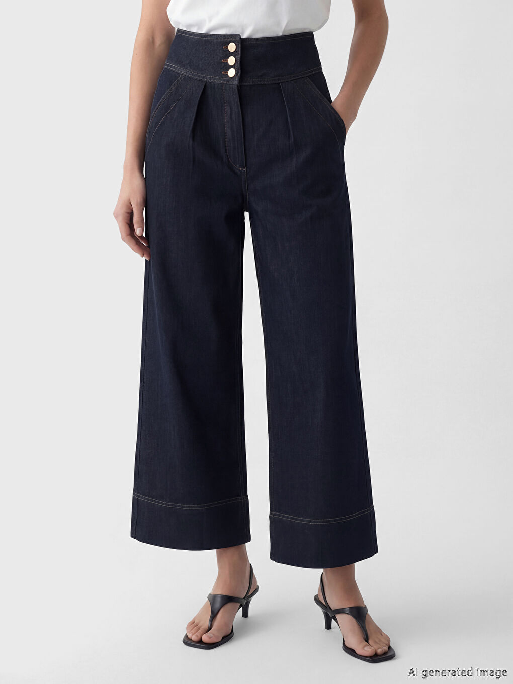 Lacivert Yüksek Bel Crop Wideleg Kadın Jean Pantolon-2