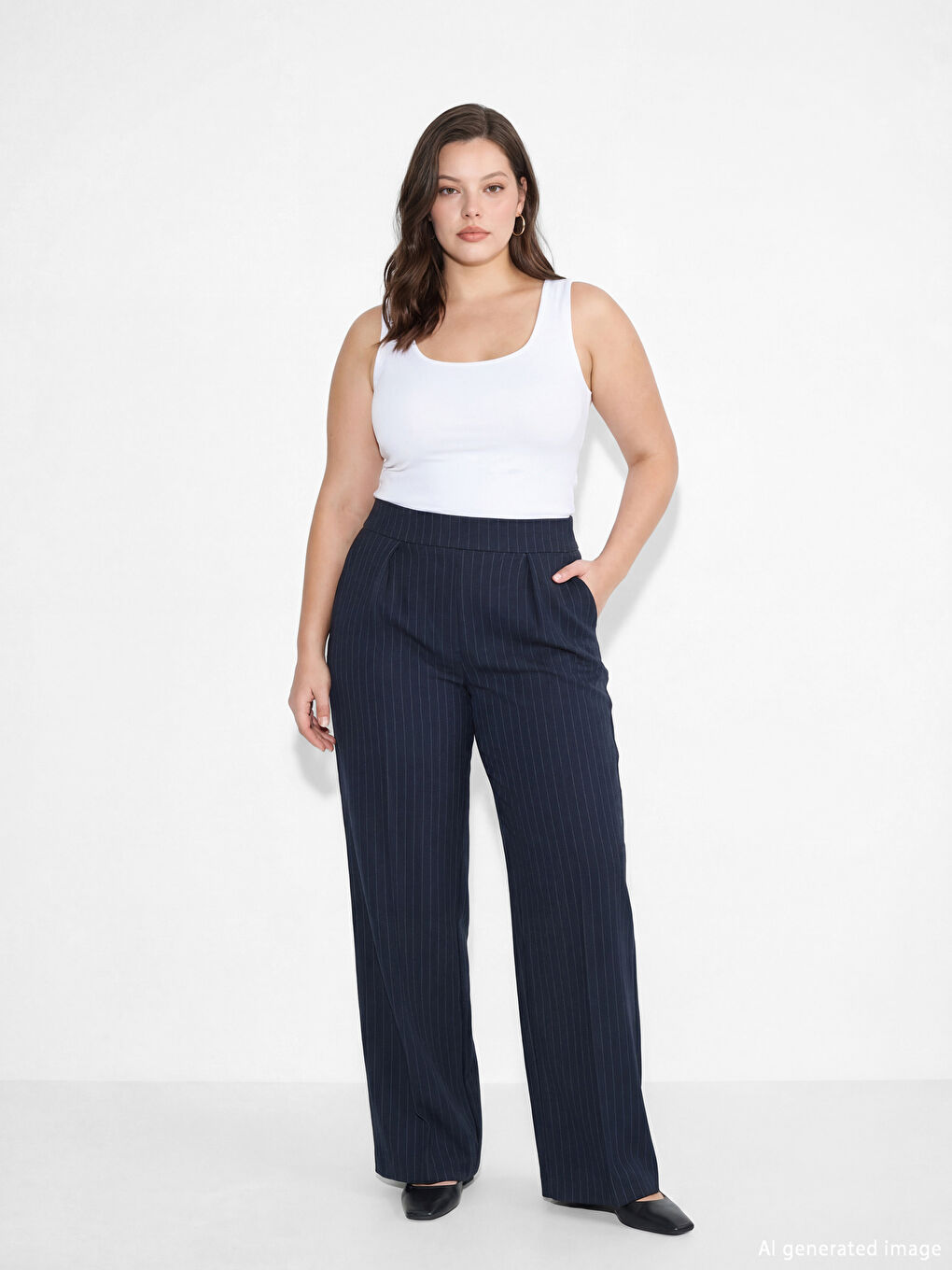 Lacivert Geniş Paça Çizgili Kadın Kumaş Pantolon-1