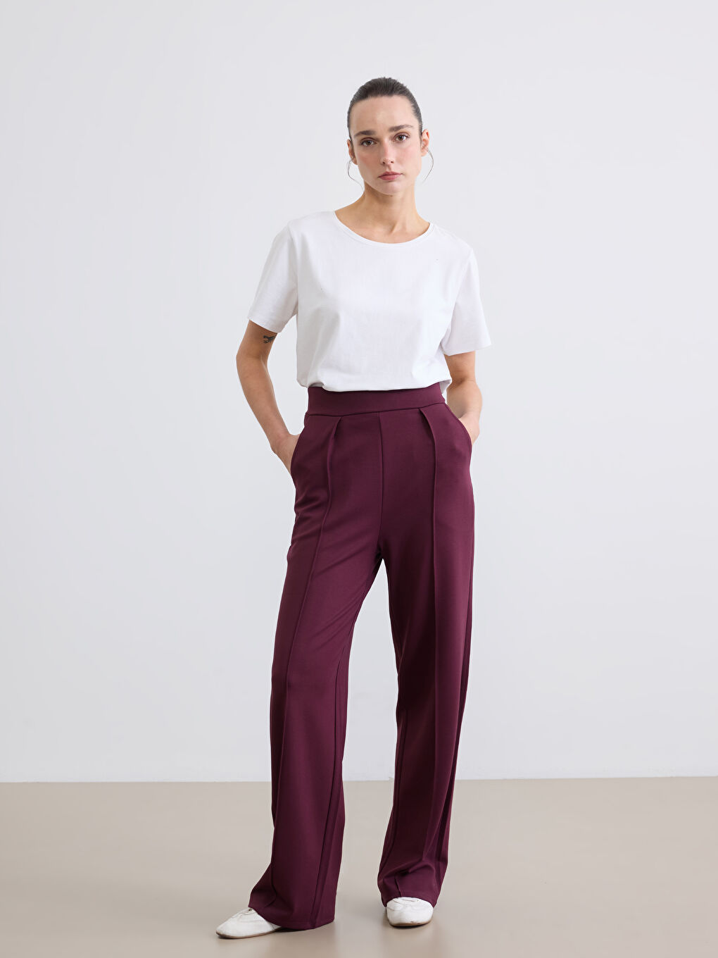 Bordo Standart Fit Geniş Paça Kadın Pantolon