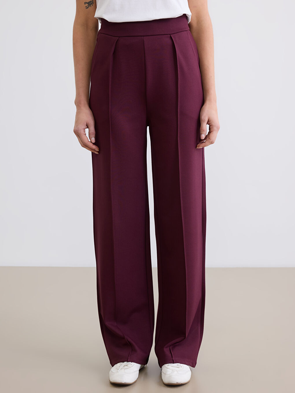 Bordo Standart Fit Geniş Paça Kadın Pantolon-2