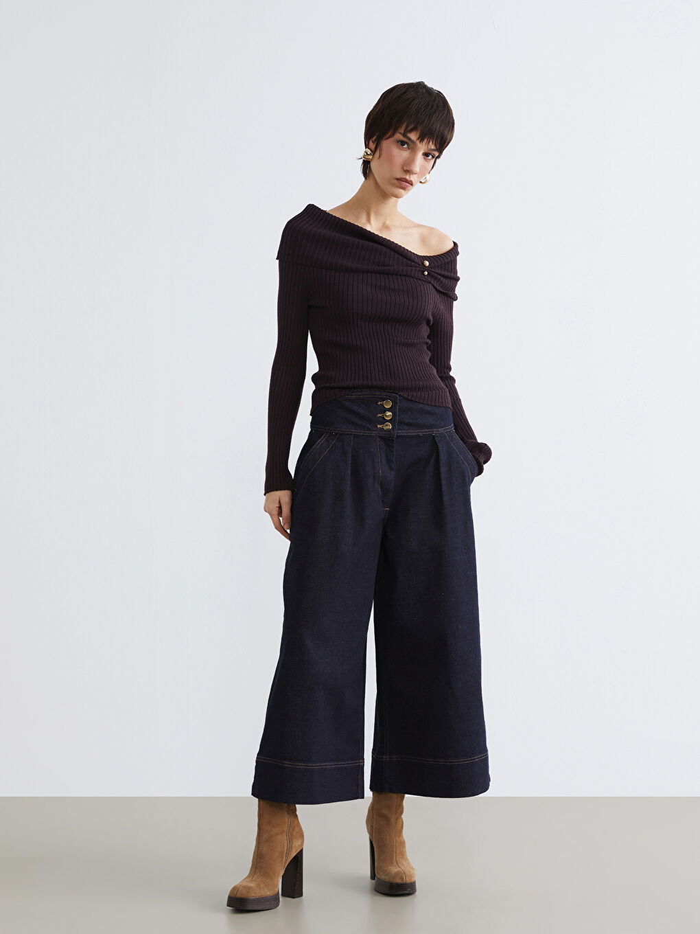 Lacivert Yüksek Bel Crop Wideleg Kadın Jean Pantolon