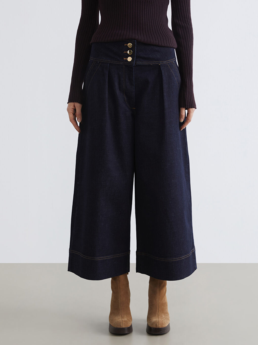 Lacivert Yüksek Bel Crop Wideleg Kadın Jean Pantolon-1