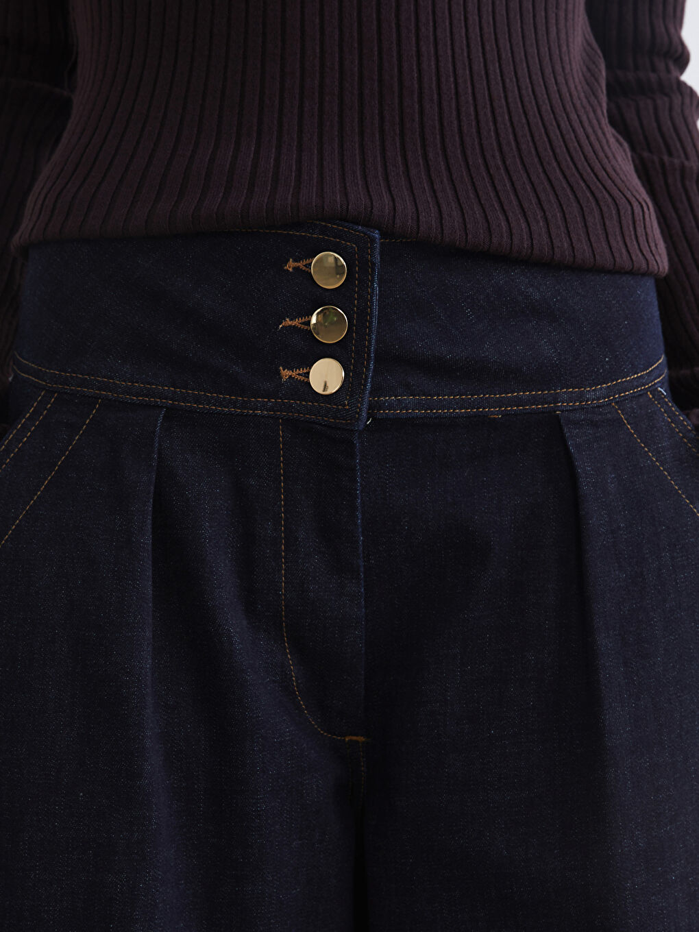 Lacivert Yüksek Bel Crop Wideleg Kadın Jean Pantolon-2