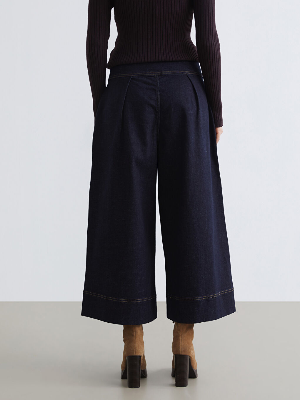 Lacivert Yüksek Bel Crop Wideleg Kadın Jean Pantolon-3