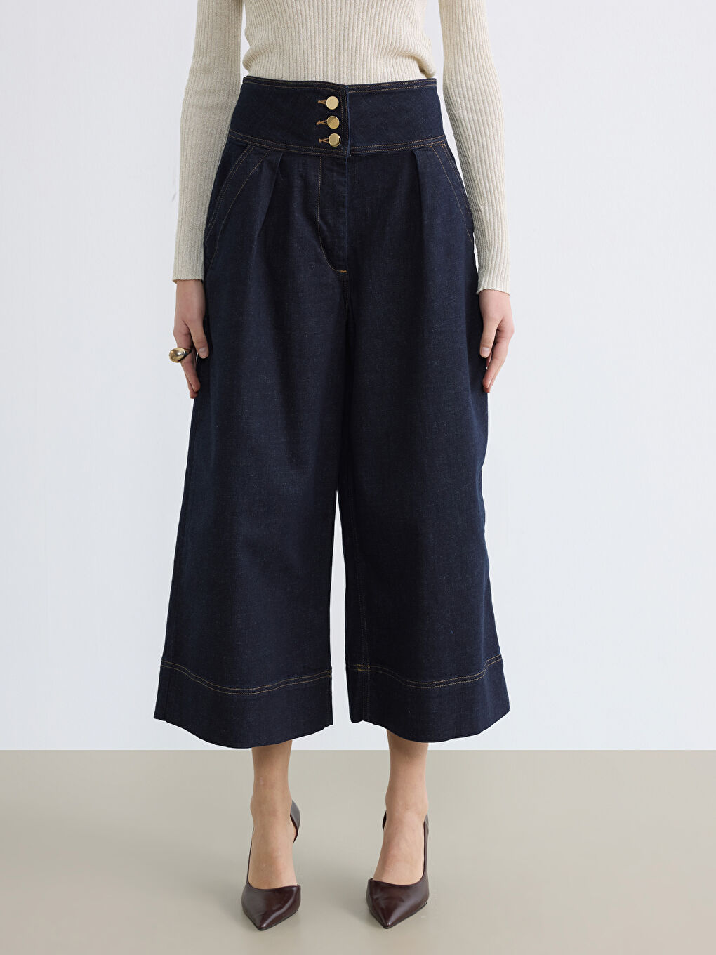 Lacivert Yüksek Bel Crop Wideleg Kadın Jean Pantolon-1