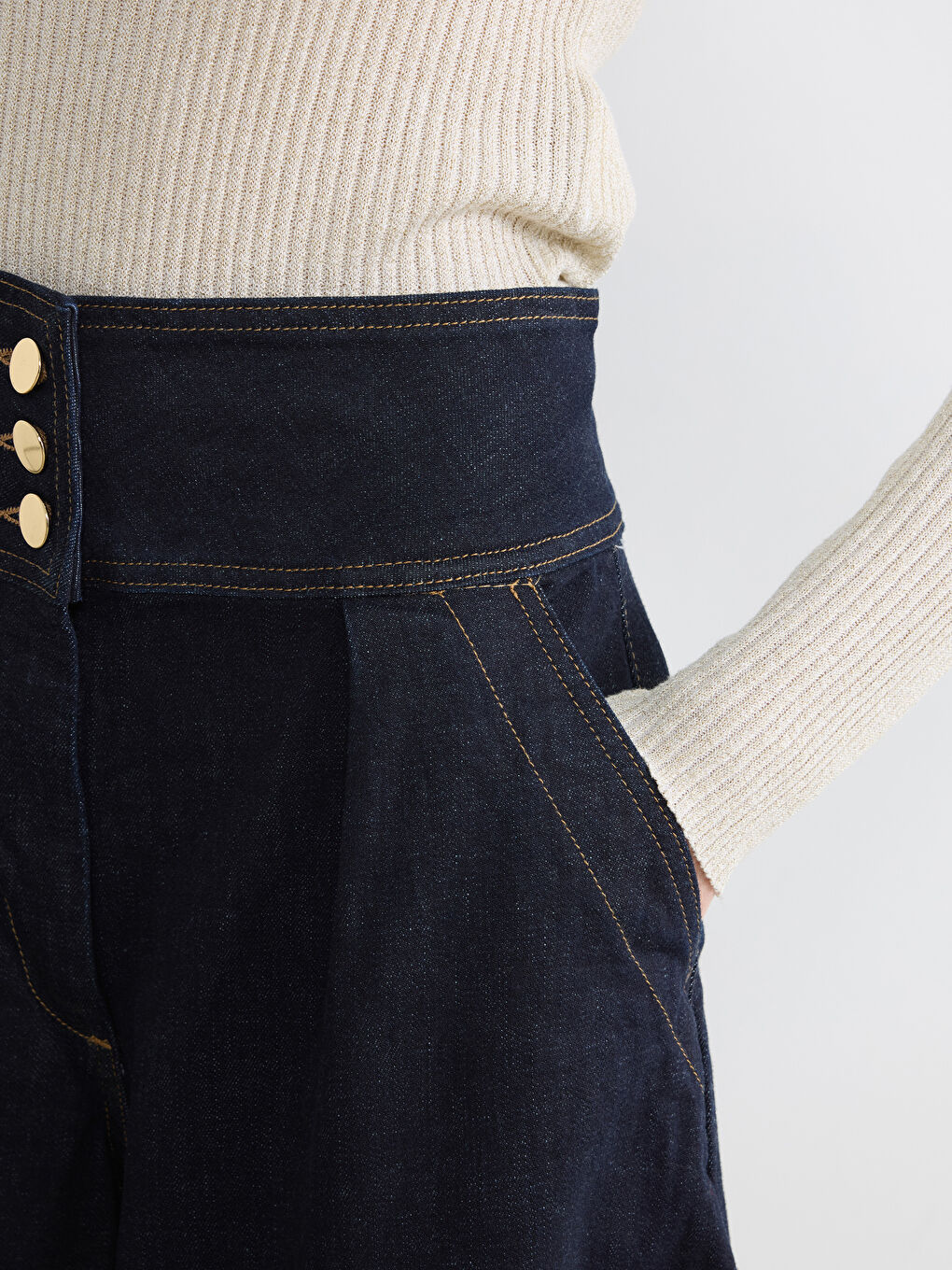 Lacivert Yüksek Bel Crop Wideleg Kadın Jean Pantolon-2