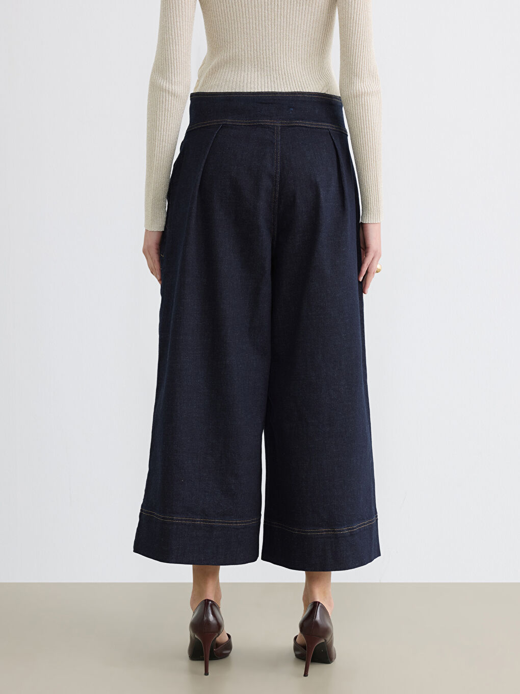 Lacivert Yüksek Bel Crop Wideleg Kadın Jean Pantolon-3