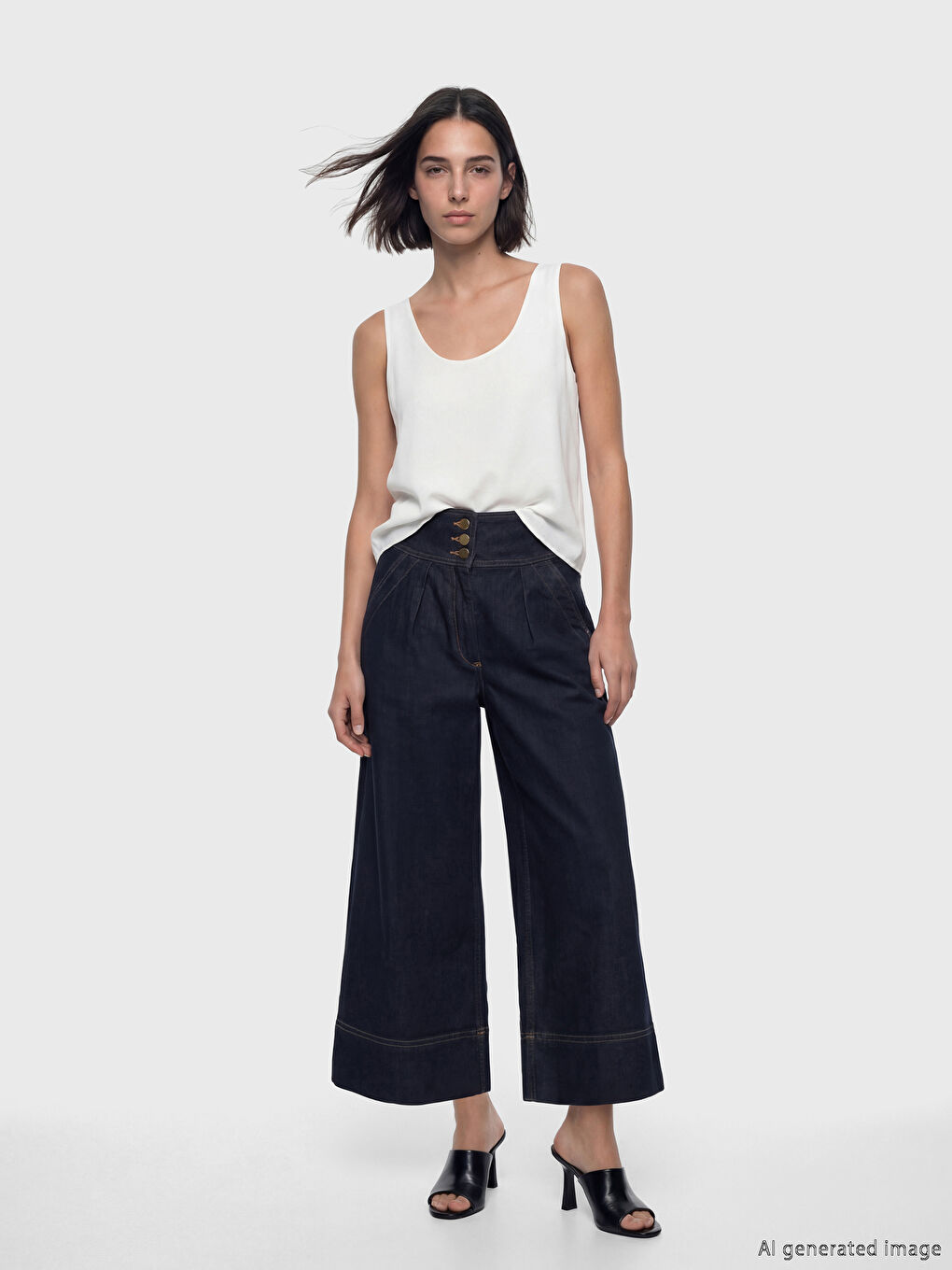 Lacivert Yüksek Bel Crop Wideleg Kadın Jean Pantolon