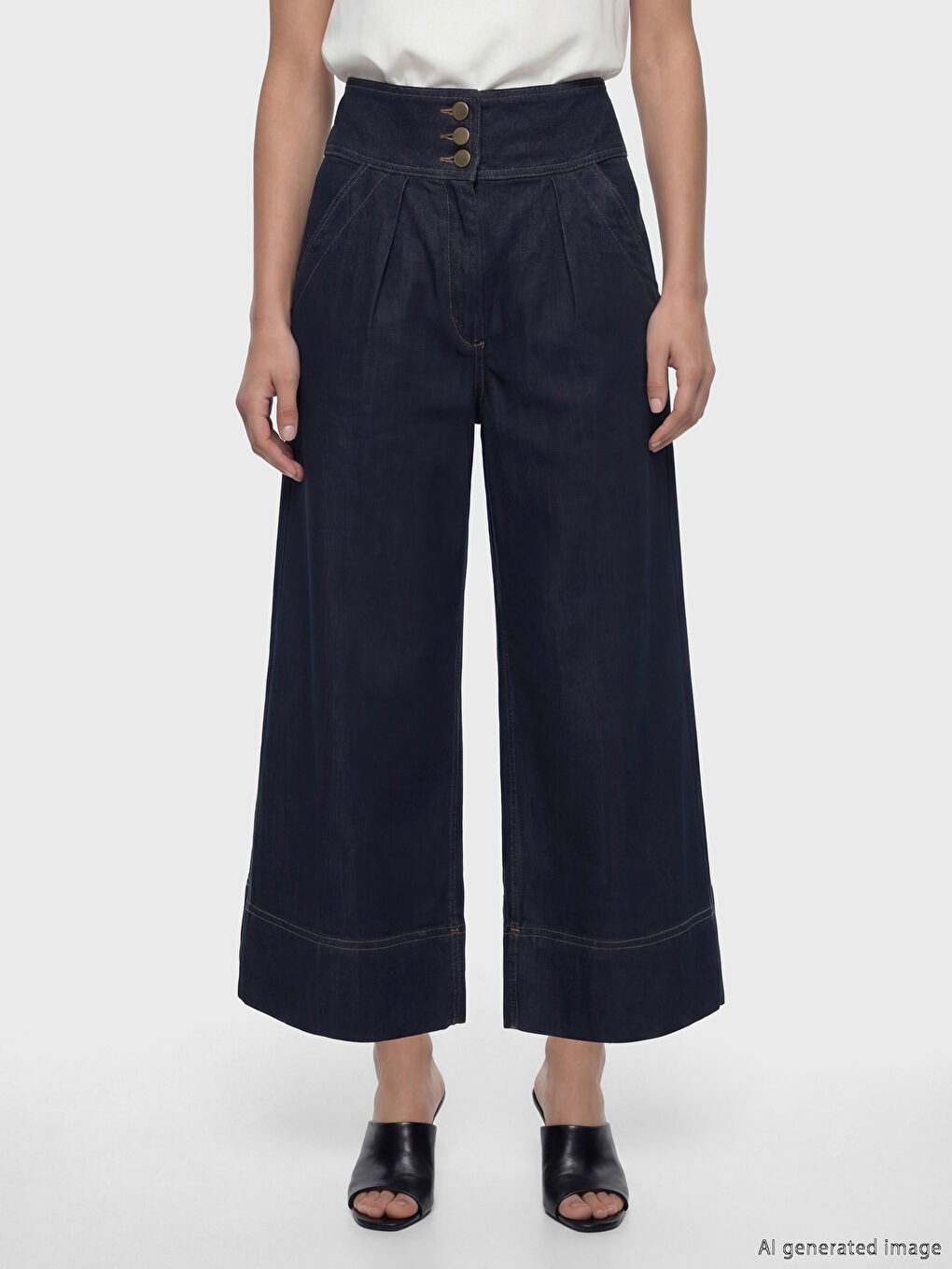 Lacivert Yüksek Bel Crop Wideleg Kadın Jean Pantolon-2