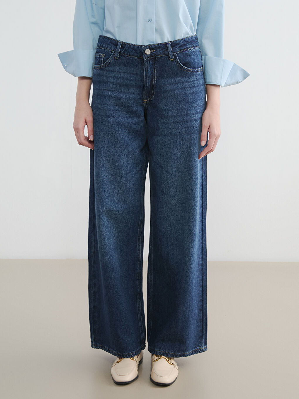 İndigo Yüksek Bel Wideleg Kadın Jean Pantolon-1