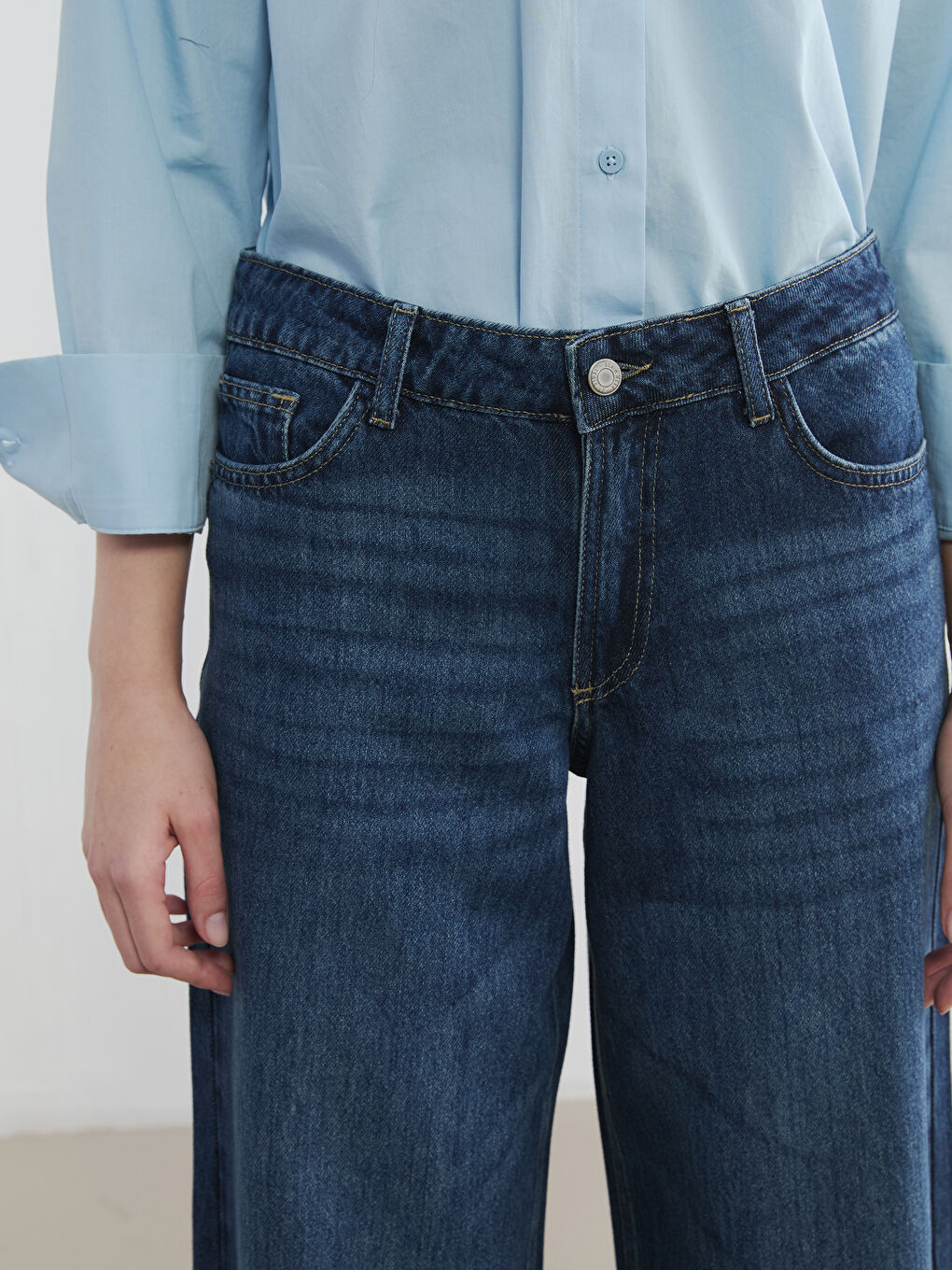 İndigo Yüksek Bel Wideleg Kadın Jean Pantolon-2