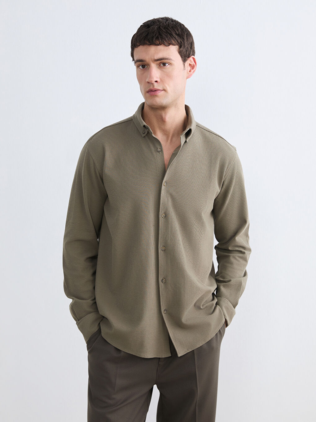 Haki Slim Fit Erkek Gömlek-1
