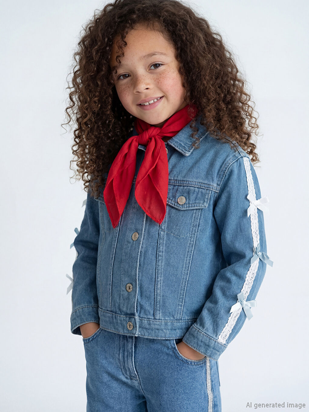 İndigo Fiyonk Detaylı Kız Çocuk Jean Ceket-1