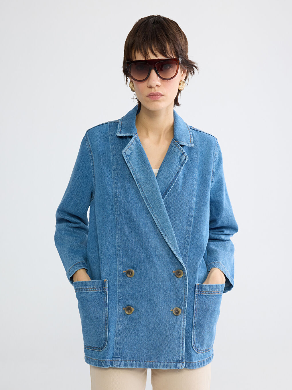 Lacivert Kruvaze Yaka Kadın Jean Blazer Ceket