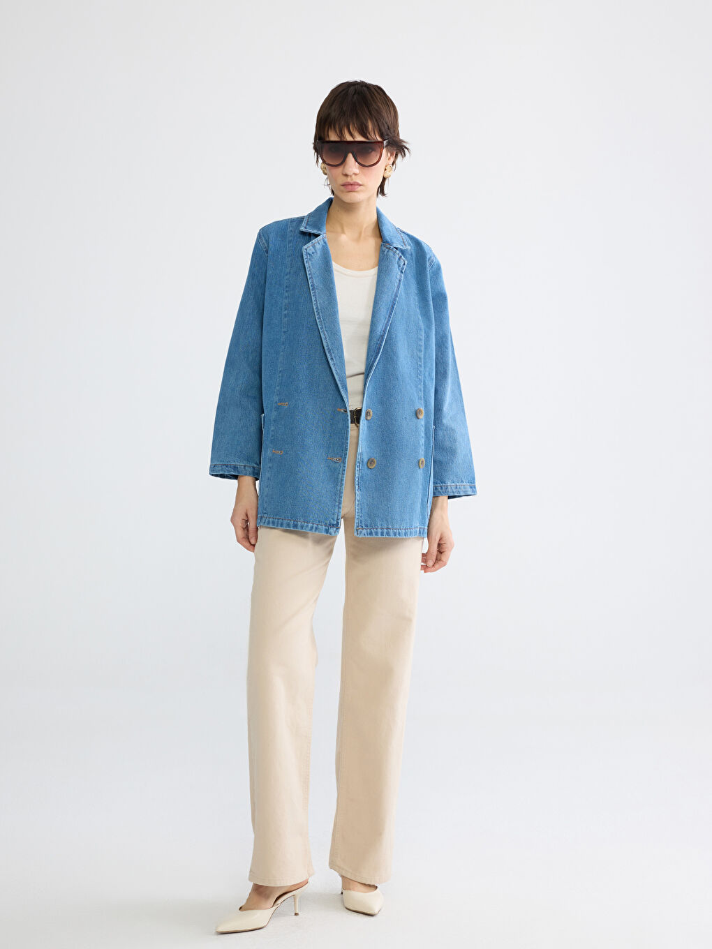 Lacivert Kruvaze Yaka Kadın Jean Blazer Ceket-1