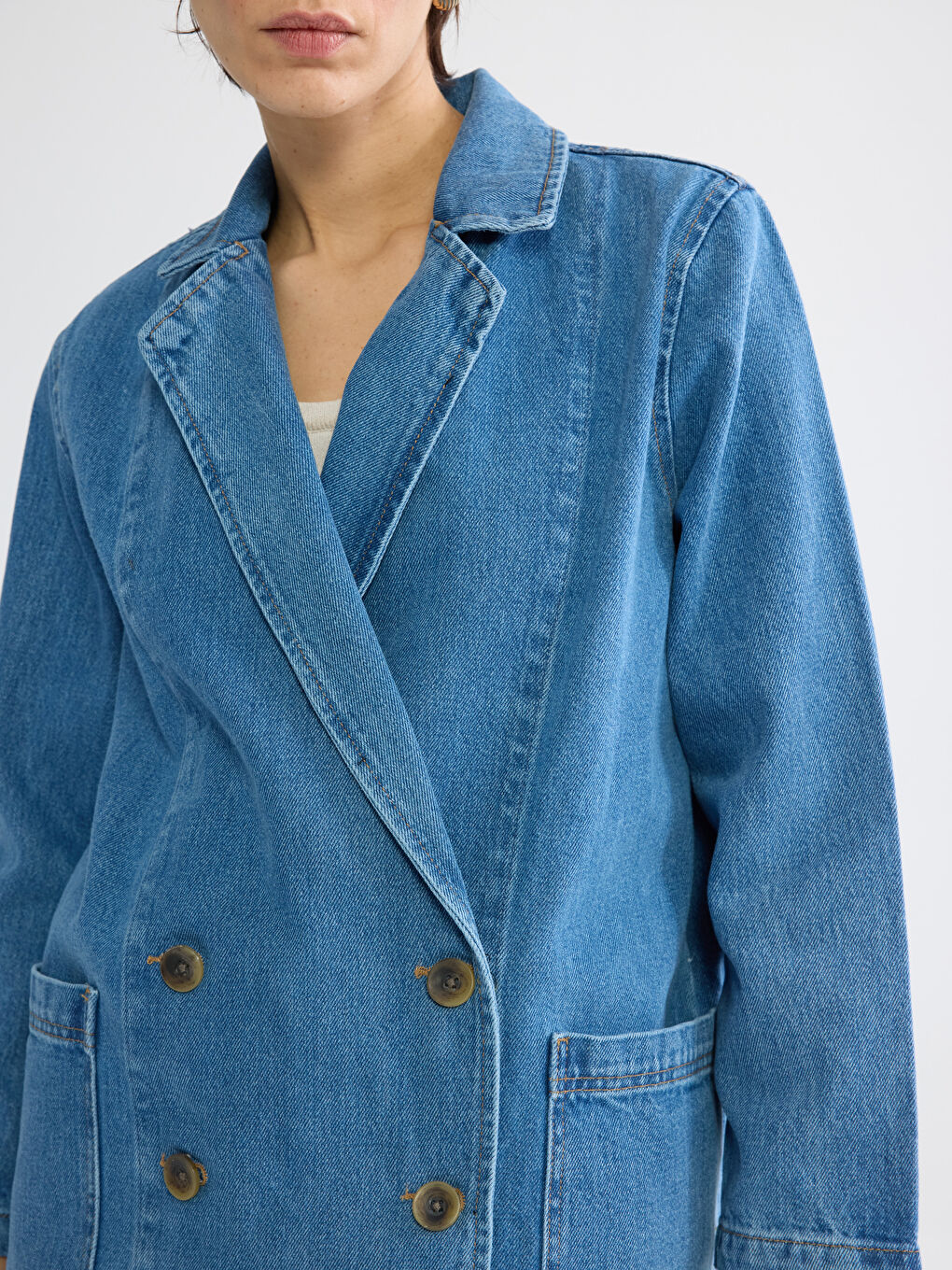 Lacivert Kruvaze Yaka Kadın Jean Blazer Ceket-2