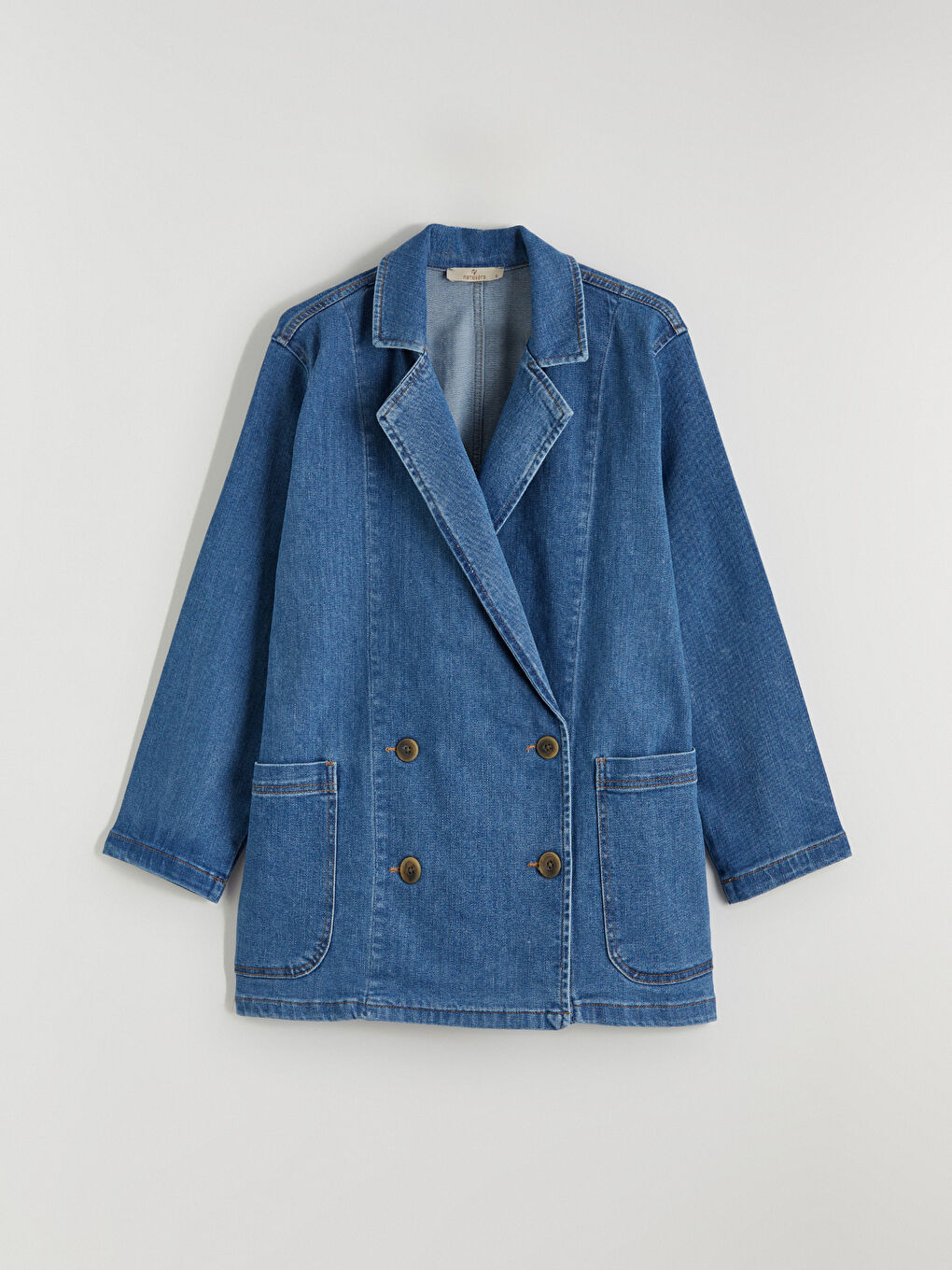 Lacivert Kruvaze Yaka Kadın Jean Blazer Ceket-4